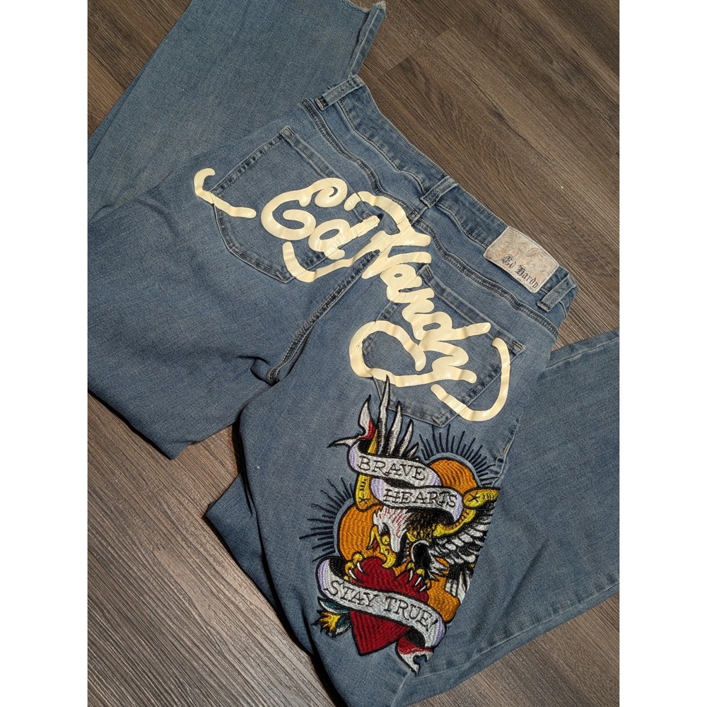 Ed Hardy Mens Wide Leg Jeans Blue Tattoo Graphic Eagle Brave Hearts 32x29 READ
